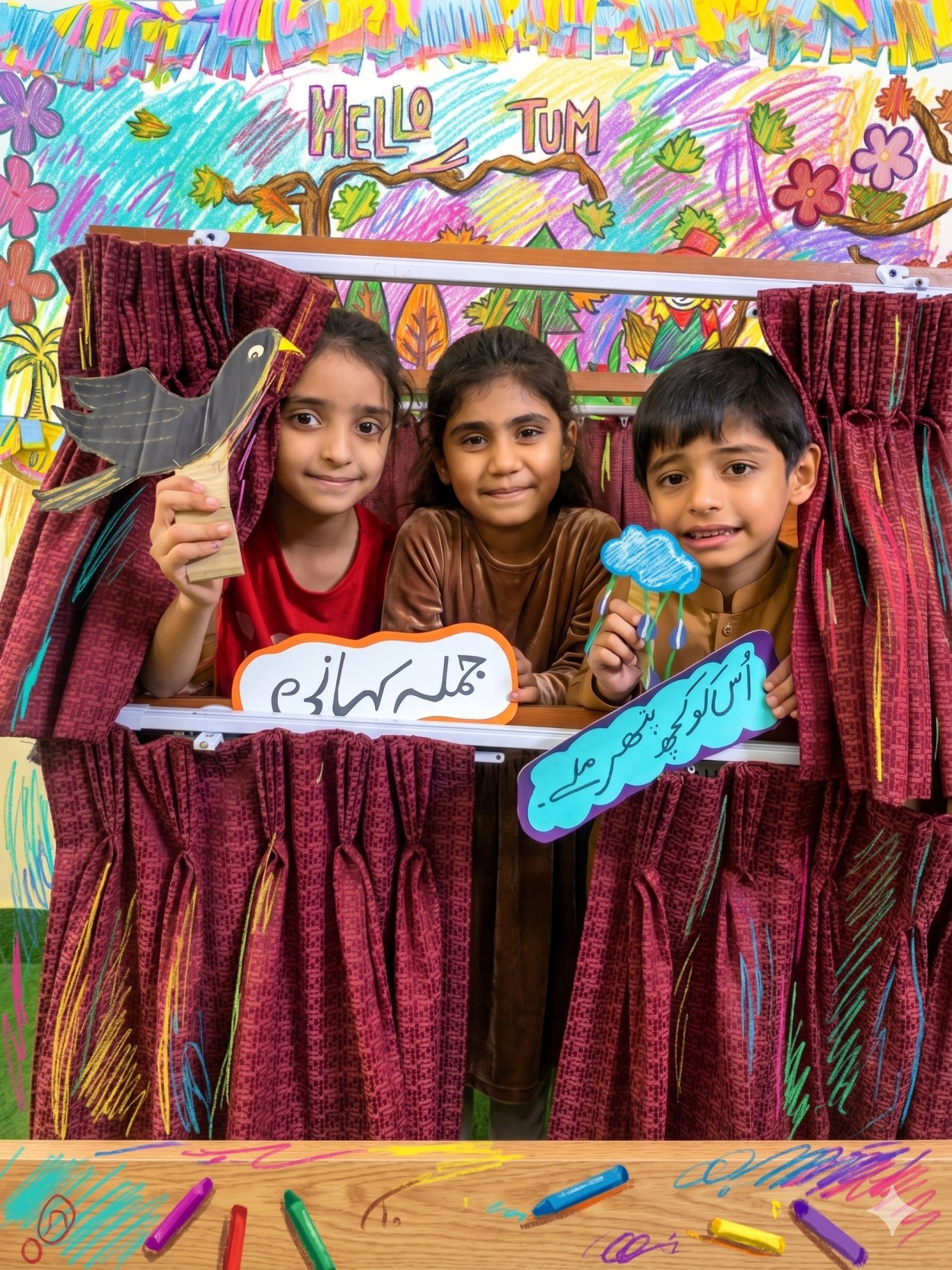 Children performing a creative puppet show activity at Global Kids Campus Montessori Lahore — fostering imagination, language skills and teamwork through play-based learning